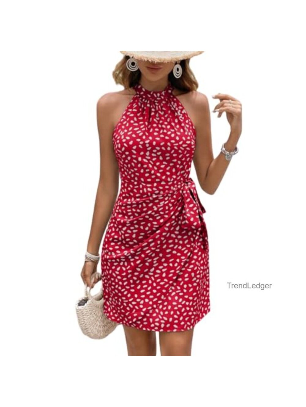 Women's Halter Neck Sundress Dot Print Tie Waist Zipper Back Casual Vacation